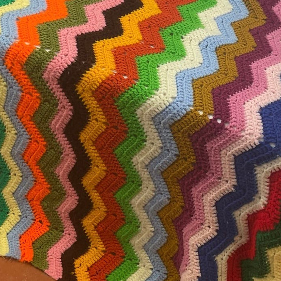 Handmade Vintage Crocheted Chevron Stripe Blanket Acrylic Yarn Afghan Throw